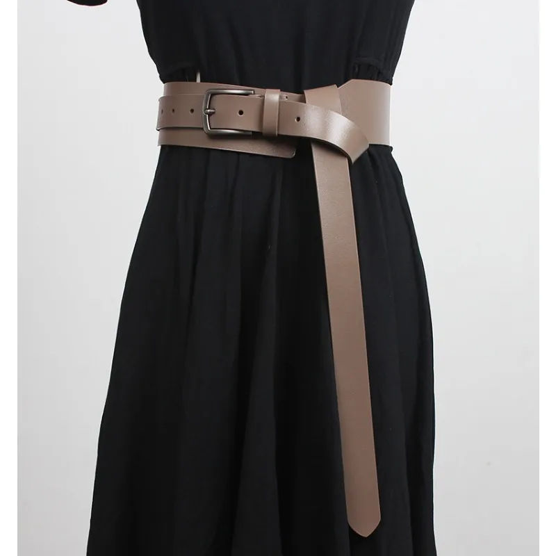 Women's Elongated Wide Waistbands, Female Genuine Leather Fashionable Knotted Decorative Coat Dress Sweater Retro Waistband Belt