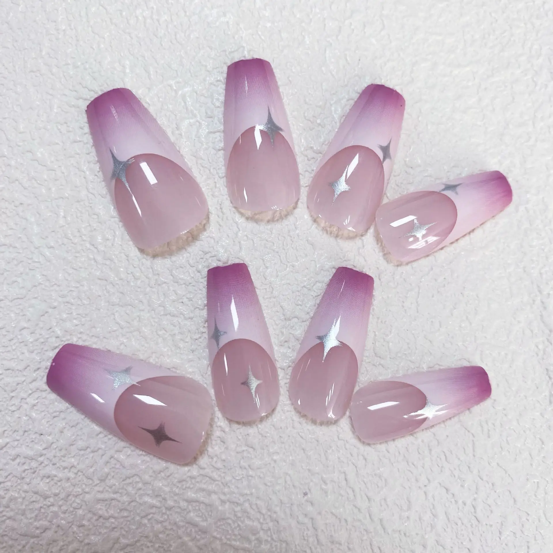 24Pcs Purple Y2K Press on Nails Star Designs Long Coffin False Nails Tips Reusable Ballerina Fake Nails for Women faux ongles