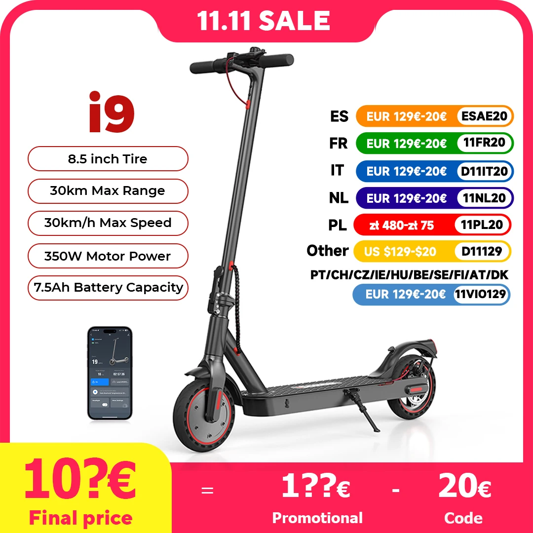 iScooter i9 Electric Scooter 350W Scooter for Adults 7.5Ah 30km/h Foldable Scooters 8.5 inch Honeycomb Tire scoorter electrico