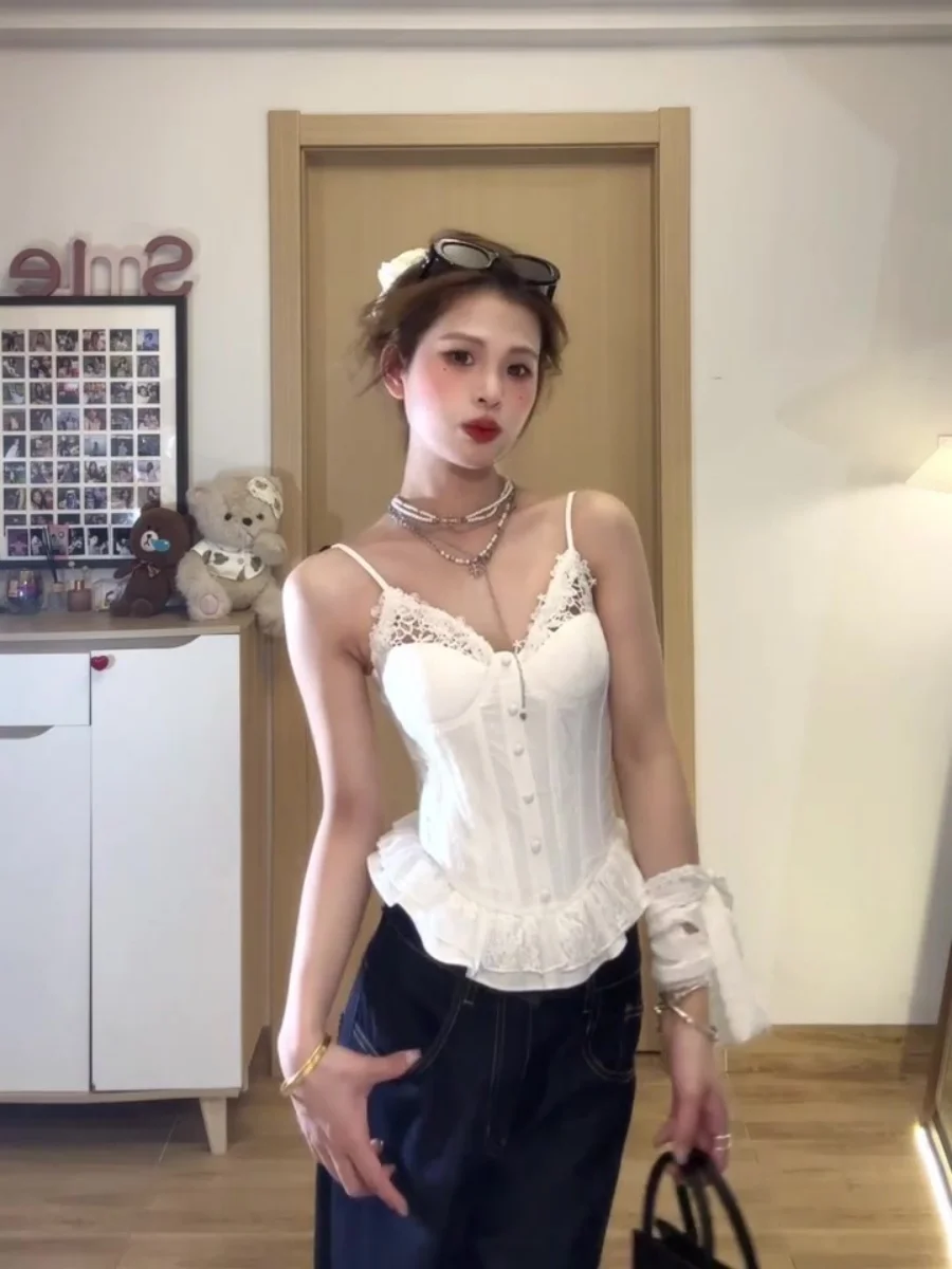 

Белый кружевной топ-жилет для женщин, летний дизайн, бюстгальтер-корсет, сексуальный, для повседневной носки, однотонный