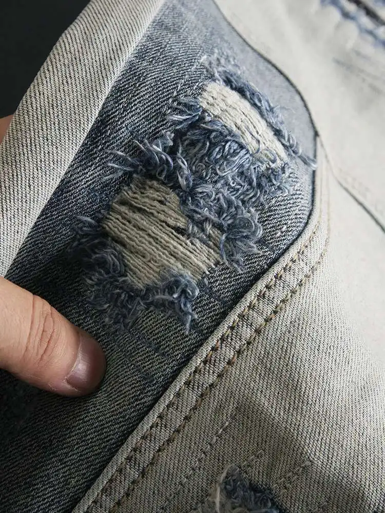 جينز رجالي من قماش الدنيم موضة 2024 جينز مستقيم بفتحات ممزقة مصمم الهيب هوب الحرم الجامعي نادي الرقص المتسول السراويل أوم