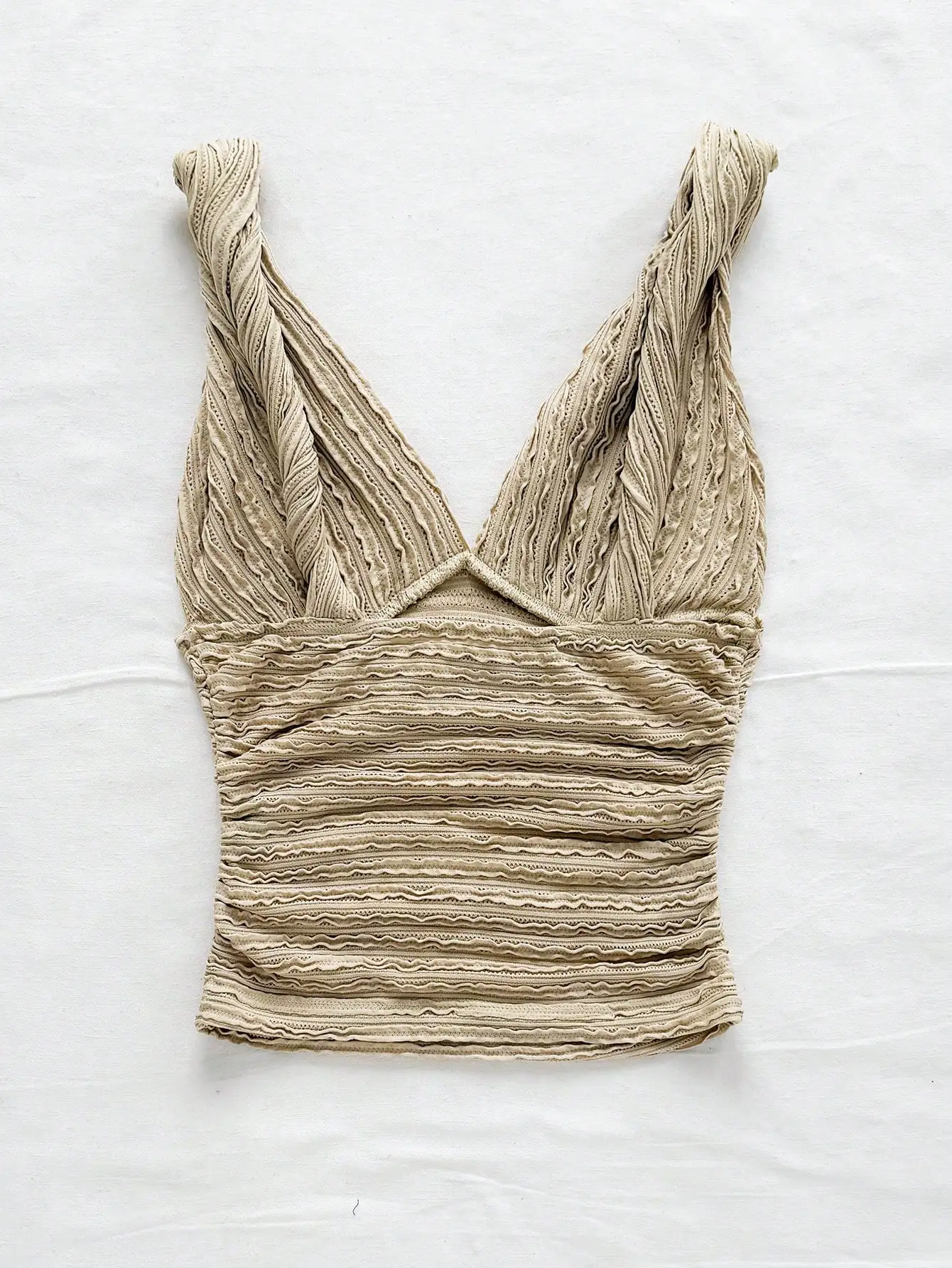 Khaki Knit V-Neck Ruched Cami, Twisted Shoulder Strap Textured Top, Casual Summer Party Beach Vacation Top for Women