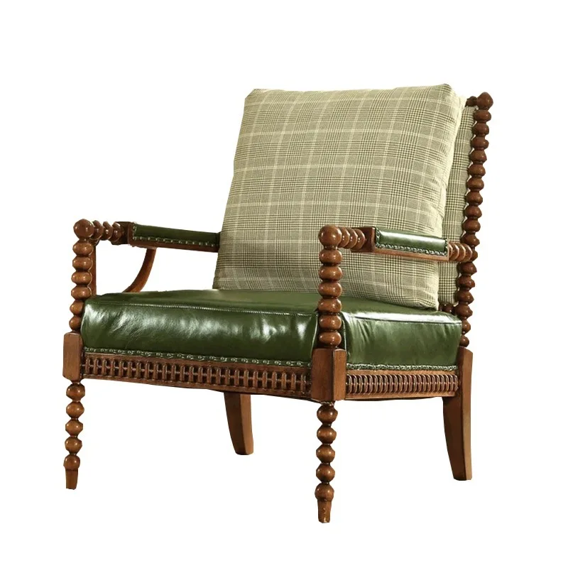 

American country solid wood leather tiger chair living room single sofa retro engraving villa hotel reception chair