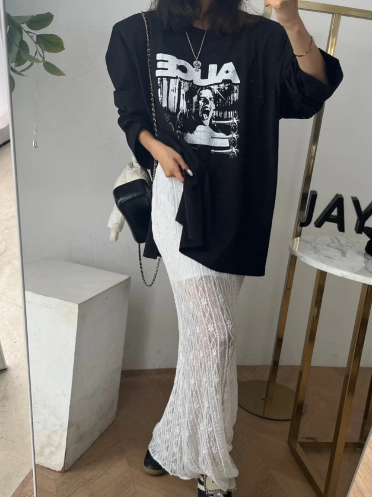 Ele Hollow Out Lace f Rock Damen Hohe Taille Lange Gerade Baumwolle Pendeln Sle Faionable Age-Defng Micro Transl...