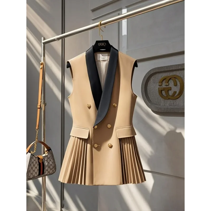 Kaffee Vertikale Falten Kleine Taille Jacken Weste Schal Kragen Elegante Westen Elegante Büro Dame Formelle Kleidung Sommer Frühling