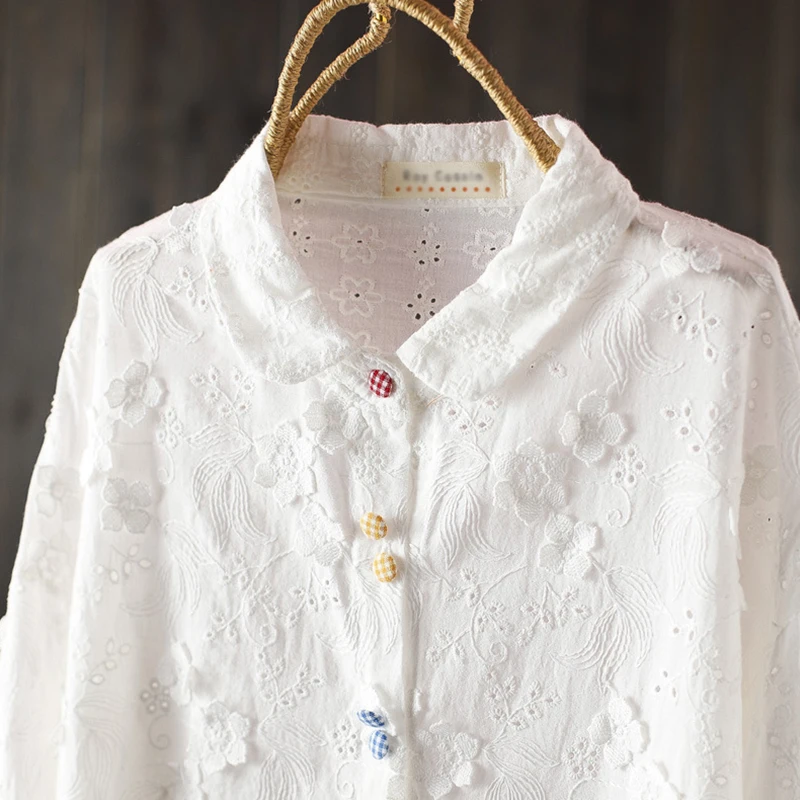 Primavera outono botões coloridos blusa de algodão topos roupas femininas cor branca bordado e camisas e blusas ocas u109