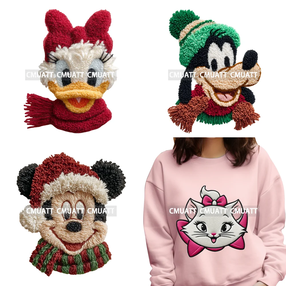 

Preppy Cute Cartoon Character Christmas Faux Yarn Embroidery Iron on DTF Washable Transfers Stickers Ready to Press for T-shirts
