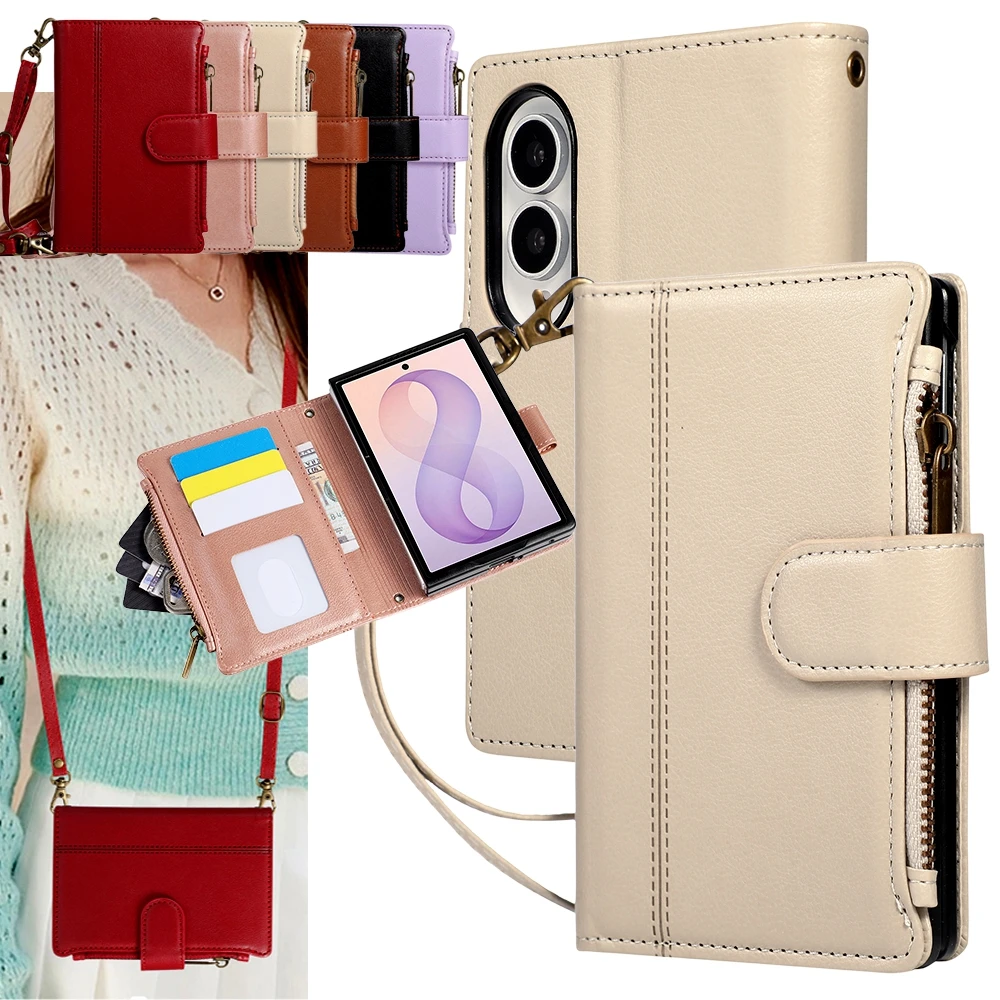 Crossbody Wrist Strap Wallet Card Holder Phone Case for Samsung Galaxy Z Fold 8 Fold8 Shockproof Leather Zipper Cover Bag