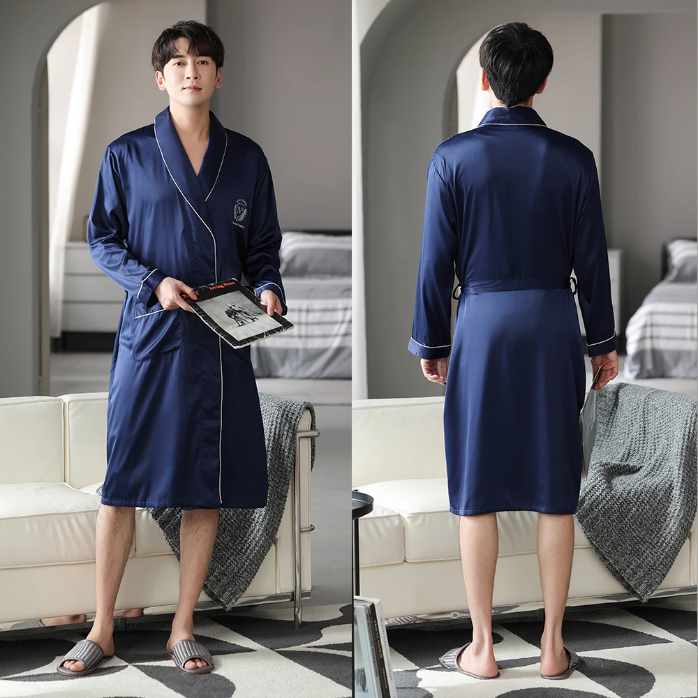 Spring Summer Ice Silk Thin Men\'s Bathrobe Casual Solid Shower Robe Faux Silk Smooth Satin Bath Robe Comfortable Soft Kimono 4XL