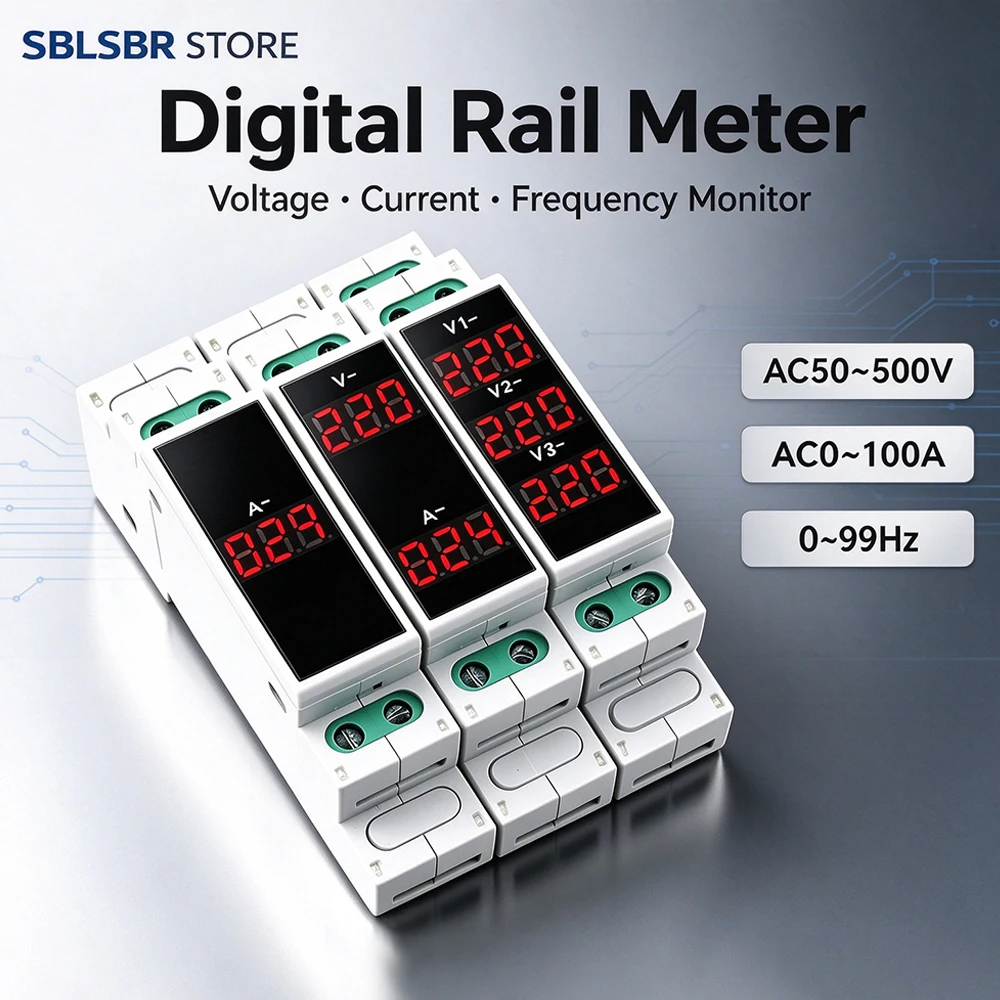 Industrial DIN Rail Digital Display Meter, AC220V Single-phase AC380V 3-phase, Measures Voltage, Current & Frequency