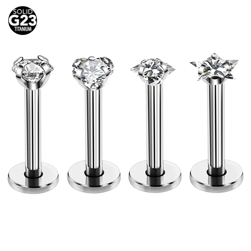 1Pc G23 Titanium 16G Ear Piercing Fashion Classic Earrings Unisex Body Piercing Labret Lip Stud Zircon Anodized Prong Gemstone