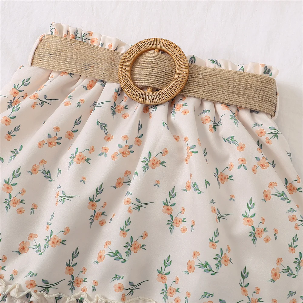 2PCS Kids Baby Girl Clothes Set Retro Off-Shoulder Top+Flowers Skirt Summer Sense Of Design Outfits For Child Girl 1-6 Years