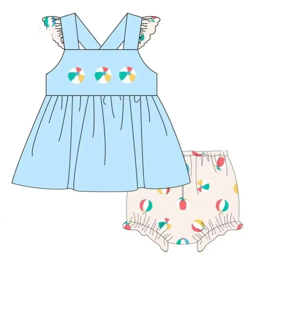 Toddler Kids Beach Ball Outfit Blue Tee Dress Bloomers Cute Summer Baby Girl Boy Vacation Clothes Set - view 3