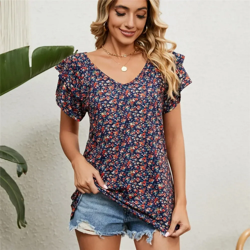 Women's Shirts & Blouses for Women Elegant Summer Tops Short Sleeve Korean Popular Floral Blouse Blue Woman Trend 2024 Clothing