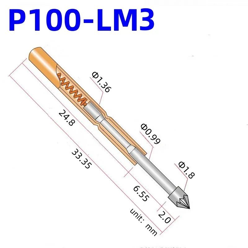 

100PCS P100-LM3 Spring Test Probe Tip Dia 1.80mm Brass Tube Spring Test Pin Length 33.35mm Needle Dia 1.36mm Pogo Pin P100-LM