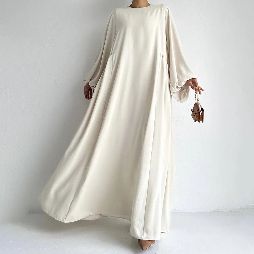 Punho elástico Flowy Dre para mulheres, manga de balão, suave Nida Abaya, costas plissadas, roupas islâmicas soltas, oração do Ramadã, muçulmano