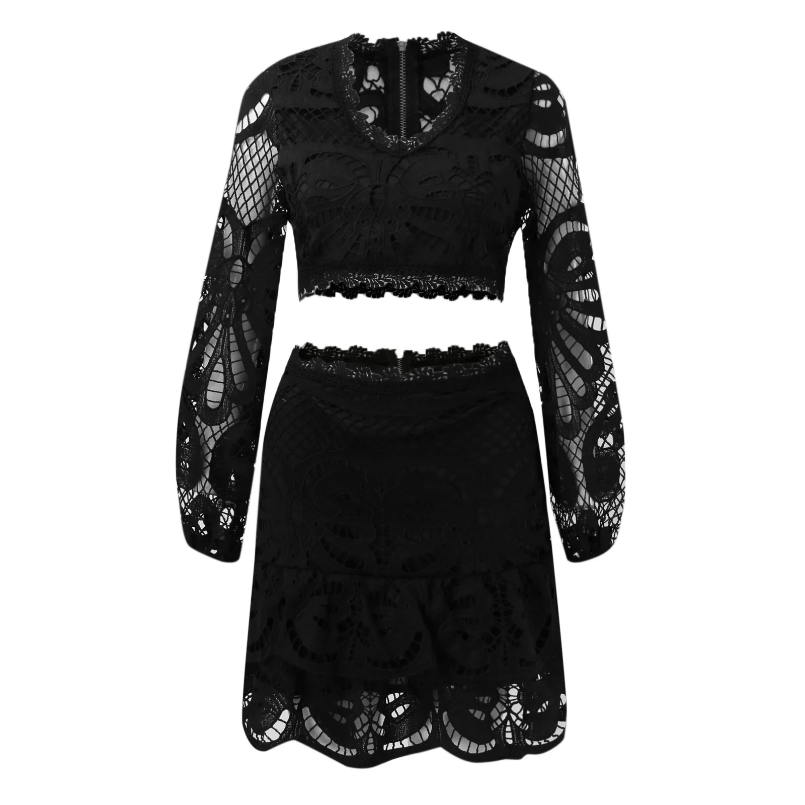 Lace Embroidery Hollow Out Women Suit Elegant V-neck Puff Sleeve Crop Top Ruffles Mini Skirt 2 Piece Sets Summer Ladies Outfit