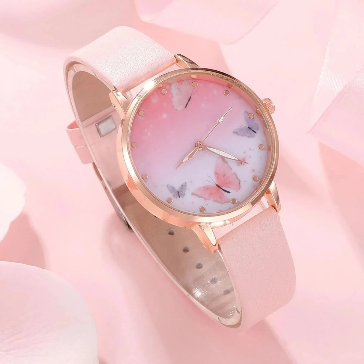 6PCS Set Women Fashion Quartz Watch Female Clock Pink Butterfly Dial Luxury Brand Design Ladies Leather Wrist Watch Montre Femme