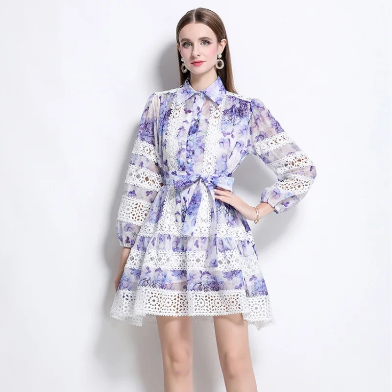

Luxury Hollow Out Lace Patchwork Printing Mini Dresses Women Elegant Loose Lace-up Summer Holiday Party Short Dress Vestidos