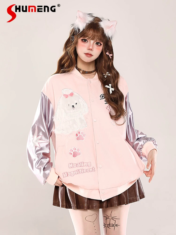 Korean Streetwear Sweet Cool Cartoon Embroidered Baseball Uniform Single-breasted Lazy Loose Casual Jacket Top Women Spring 2025