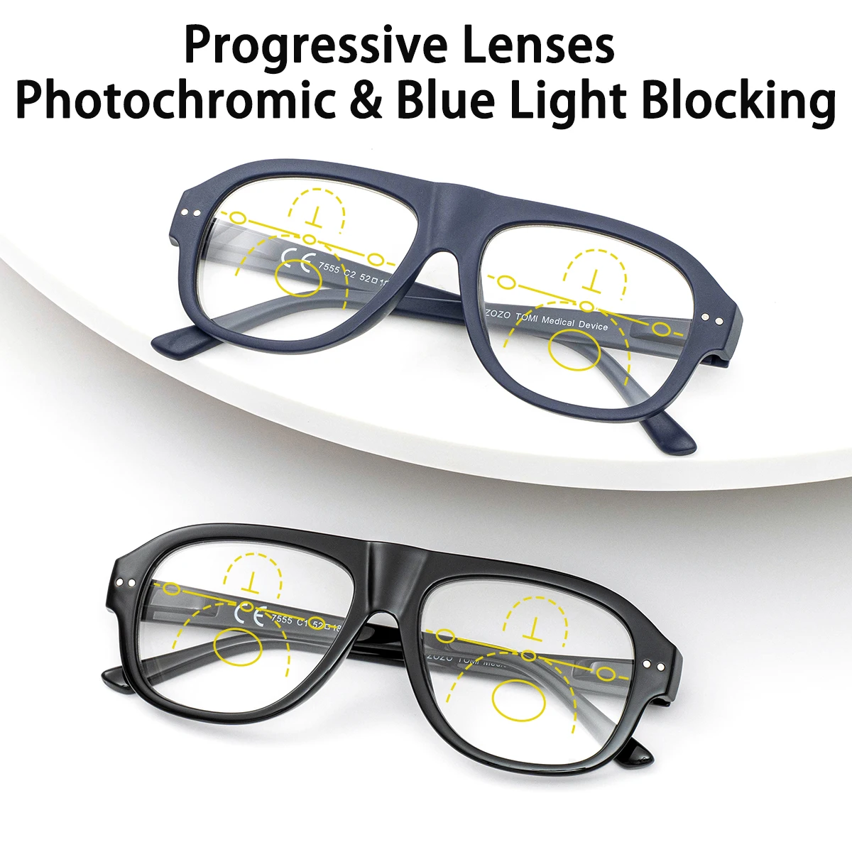 Photochrome, progressive multifokale Lesebrille, klare und breite Sicht, klassisches Design, Metallbügel, Unisex. – Detail 3