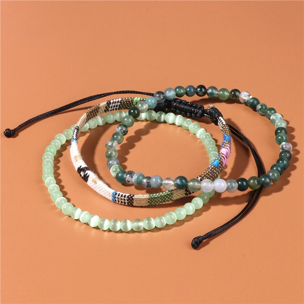 High Quality Green Cat Eye Bracelet 4mm Bead Moss Agates Bracelets Handmade Rope Weave Bracelet for Women Men Energy Jewelry