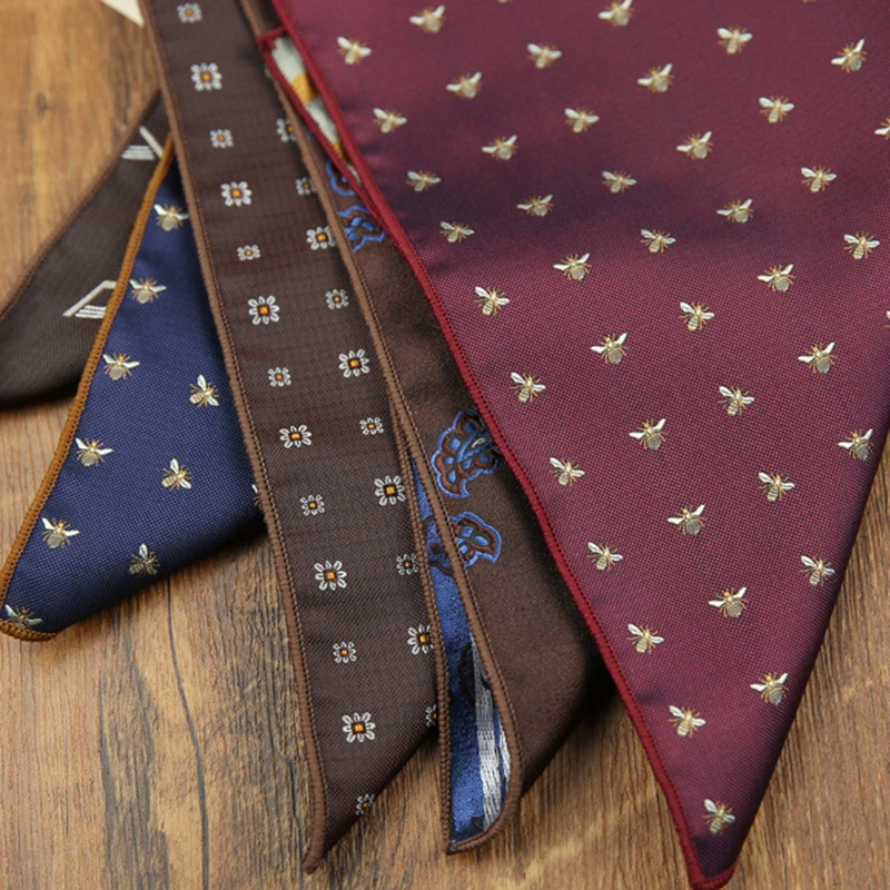 23CM Plaid Brown Pocket Square Mens Formal Dress Suit Handkerchief Polyester Flower Cartoon Hanky Wedding Party Tuxedo Cravat