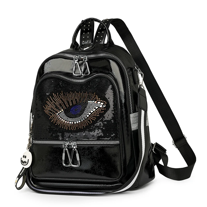 Women Shiny Sequins Rhinestone Elephant/Eye Pattern PU Backpack 3 Ways Carry Lightweight Backpack Fits Daily Travel School Bag