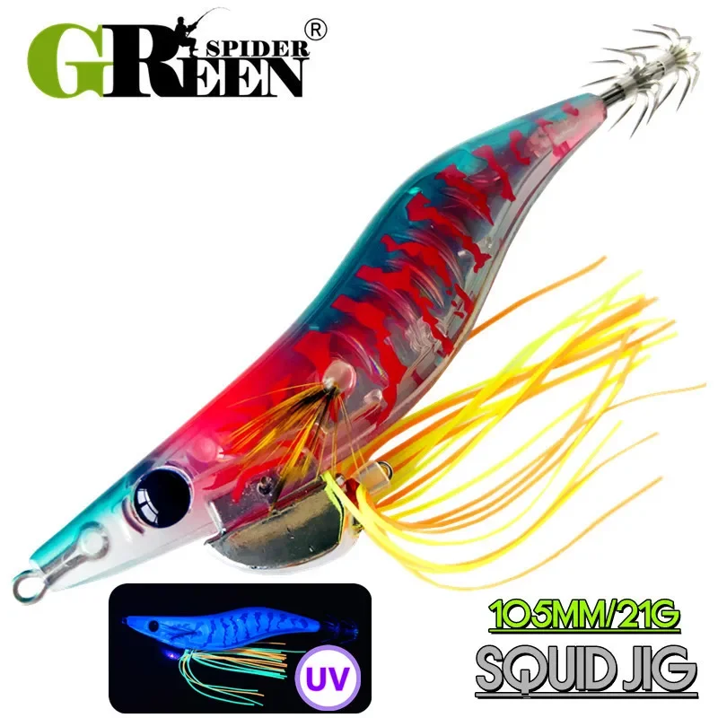 GREENSPIDER Squid Bait 105mm 21g Luminous Squid Jig Eging Artificial Bait Sinking For Octopus EGI Cuttlefish Sea Fishing Lures