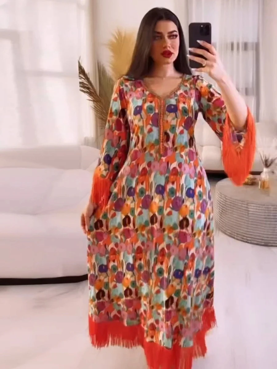 

Ramadan Abayah For Women Arabic Chic Tassel Diamonds Muslim Clothing Jalabiyat Printing Full Sleeve Dubai Africano Robe