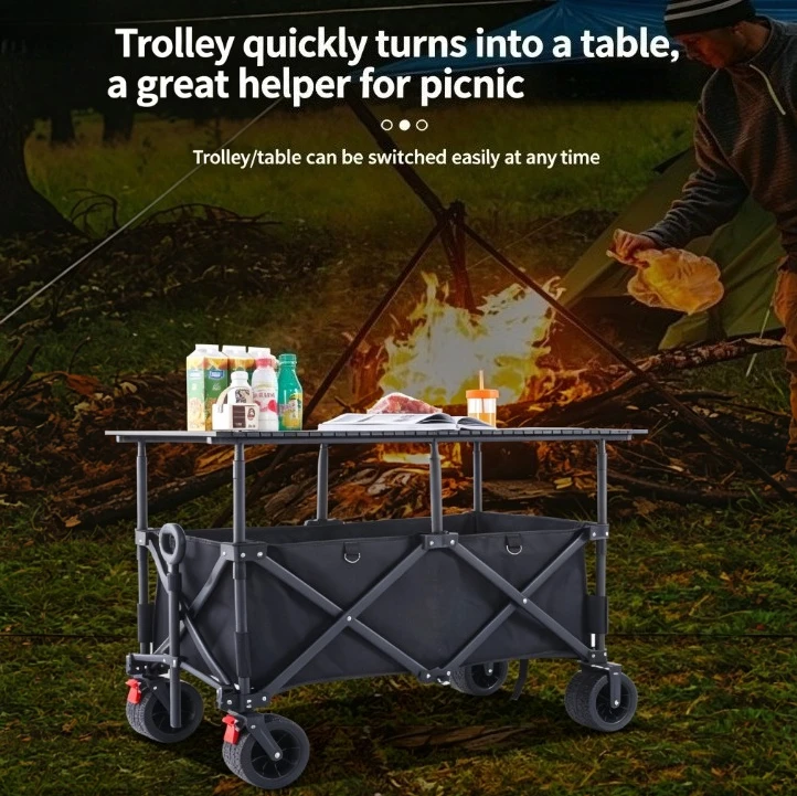 Outdoor Foldable Camping Wagon, Portable Liftable Push Pull Utility Trolley, 3 Storage Package Hand Cart for Picnic Beach Garden