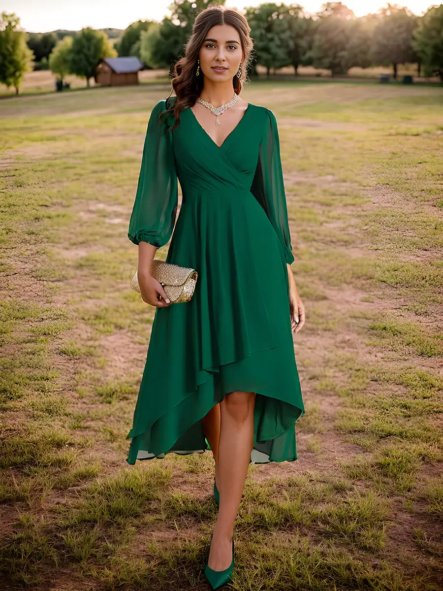 

Elegant Evening Dresses V-neck Long Sleeves Pleated Ruffles knee length 2025 Ever Pretty of Dark Green Wedding Guest Dresses
