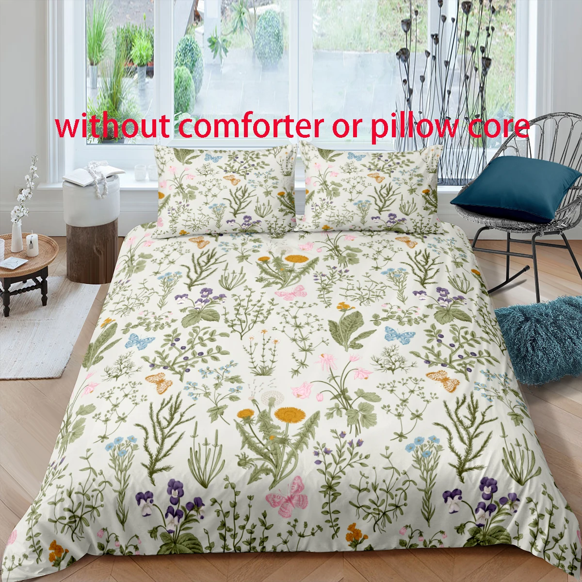 Floral Butterfly Style Digital Printed Duvet Set - Polyester - Bedroom Decor -1 bed cover +2 pillowcases (no pillow core)