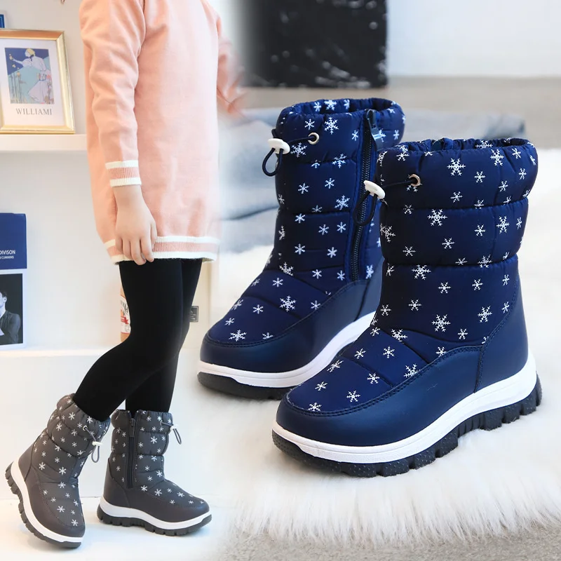 Winter Children Girls Snowflake High Snow Boots Warm Plush Thick-Soled Ankle-length Casual Soft-soled Pink Cotton Boot