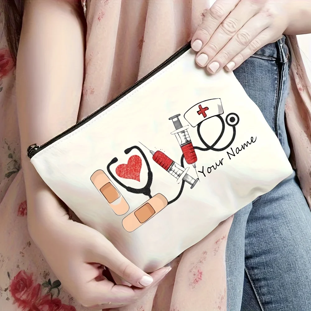Customized Name Red Heart Stethoscope Medicine Storage Bag Makeup Bag Printed Pattern Aesthetic Nurse Makeup Bag Travel Bags