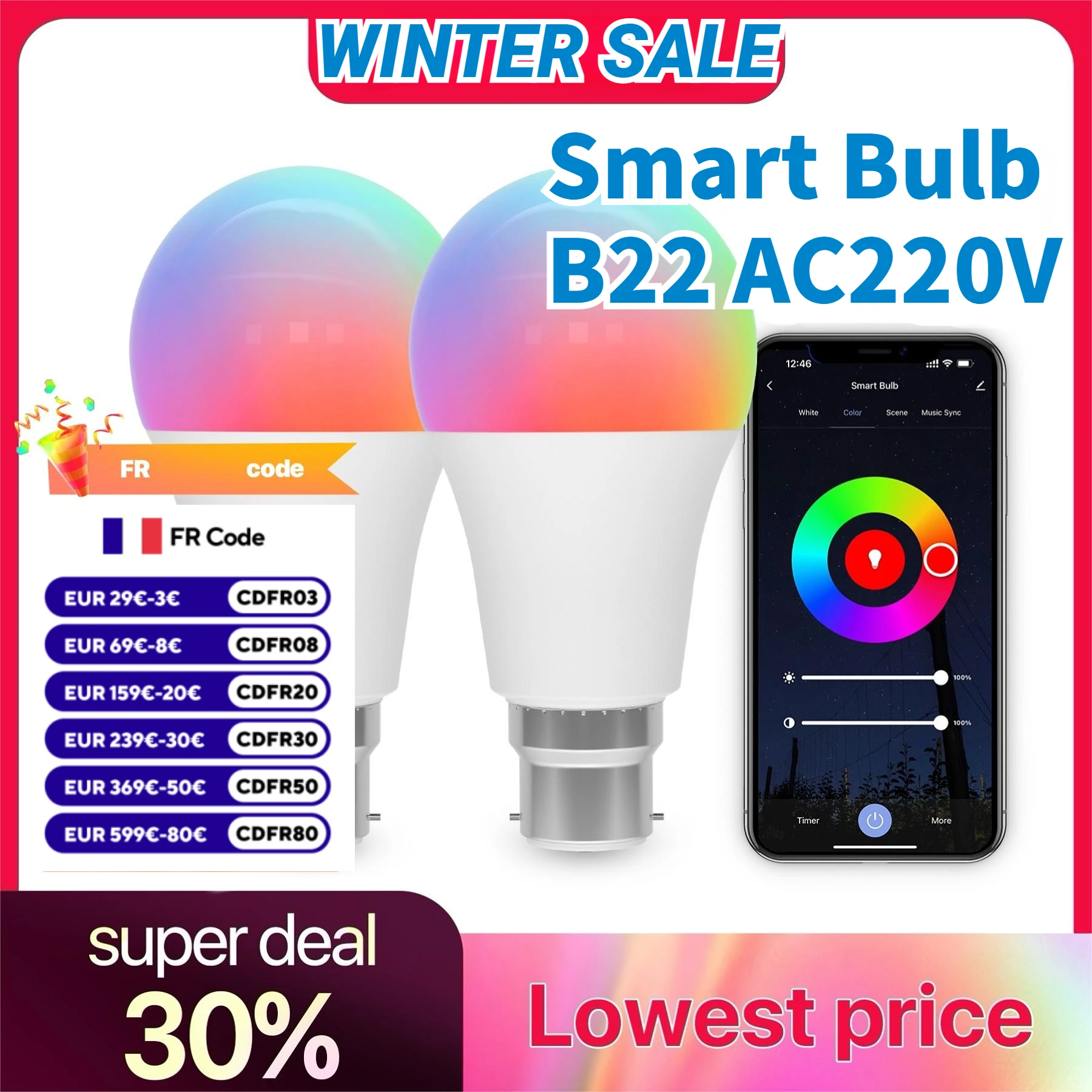 

Smart Light Bulb Tuya Wifi/Bluetooth B22 9W Bayonet Led Bulb 220V-240V 110V with colour changing Light For Bedroom Ambient Light