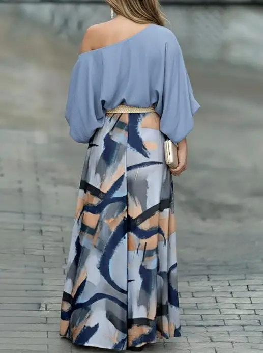 

Two Piece Set Women Outfit 2026 Spring New Skew Neck Batwing Sleeve Stretchy Hem Top & Casual Abstract Print Wide Leg Pants Set