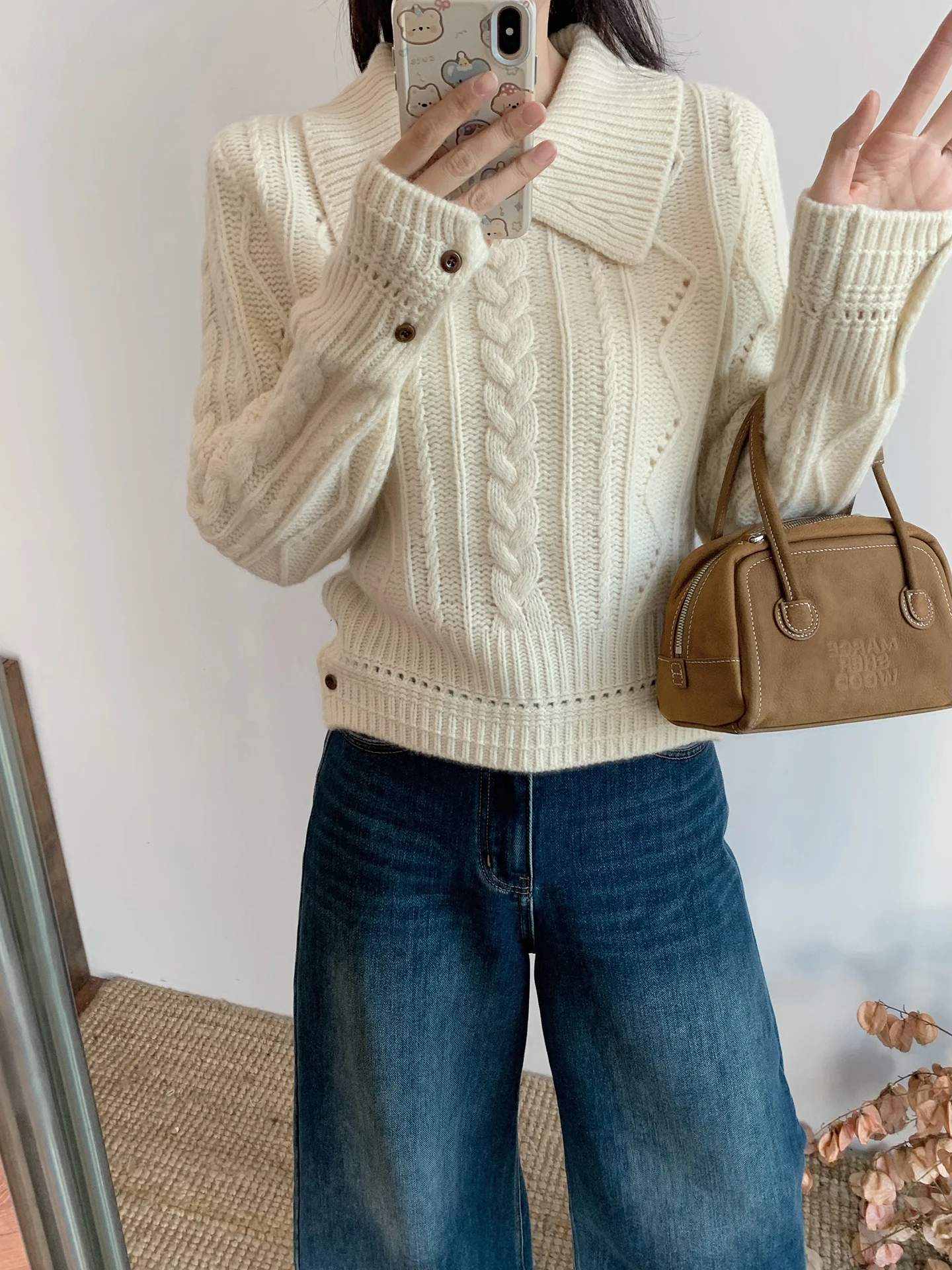 

Корейский нежный вязаный свитер с отложным воротником для женщин, осенне-зимний, с высокой талией, с внутренней вязкой, 100% шерсть, топ