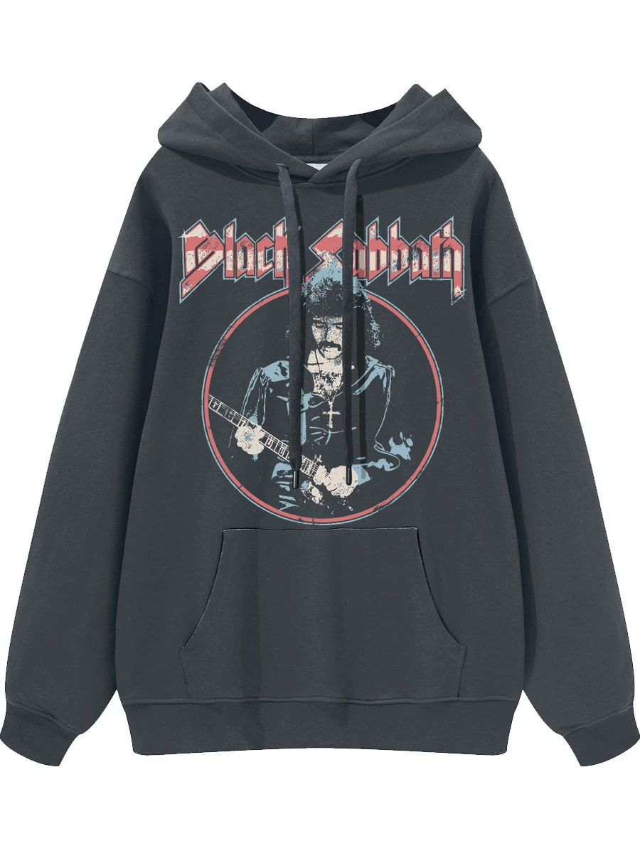 Black Digital Direct Spray Retro Loose Hoodie Sweatshirt for Youth Autumn Breathable Long Sleeve round Neck Music Rock Style