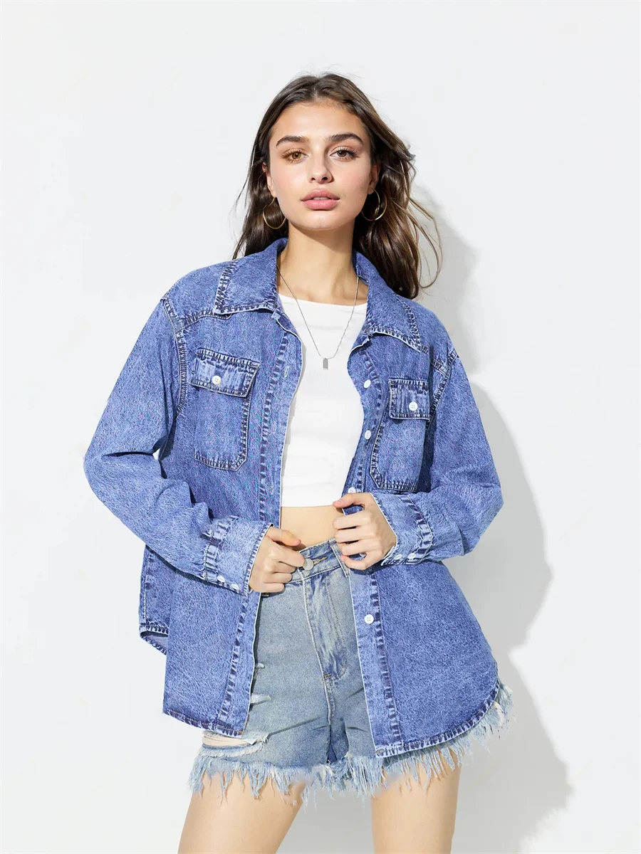 Benuynffy Vintage Button Up Denim Shirt Women's Autumn New Oversize Casual Long Sleeve Lapel Jean Blouses Shirts with Pockets