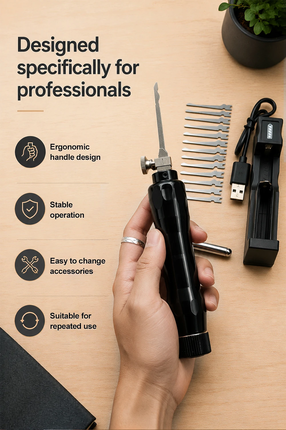 Professionelles, wiederaufladbares elektrisches Schlossöffner-Set, handliches Schlosserwerkzeug-Set mit komplettem Satz an Ersatz-Schlossöffnerklingen. – Detail 3
