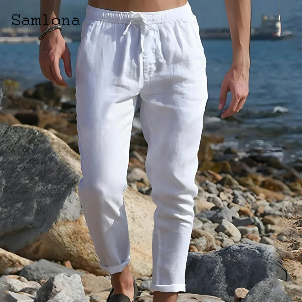 Men Fashion Leisure Beach Cotton Linen Pants Men\'s Ankle-Length Trouser Plus Size Mens Casual Solid Pocket Drawstring Sweatpants