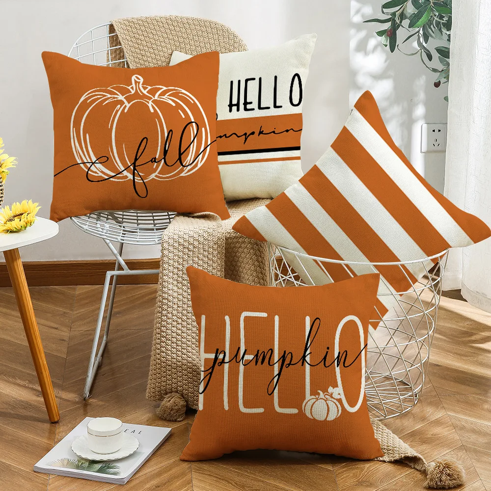 Autumn Thanksgiving Decorations Throw Pillowcase Pumpkin Orange Striped Linen Pillow Cover Home Holiday Decorative Cushion Cover