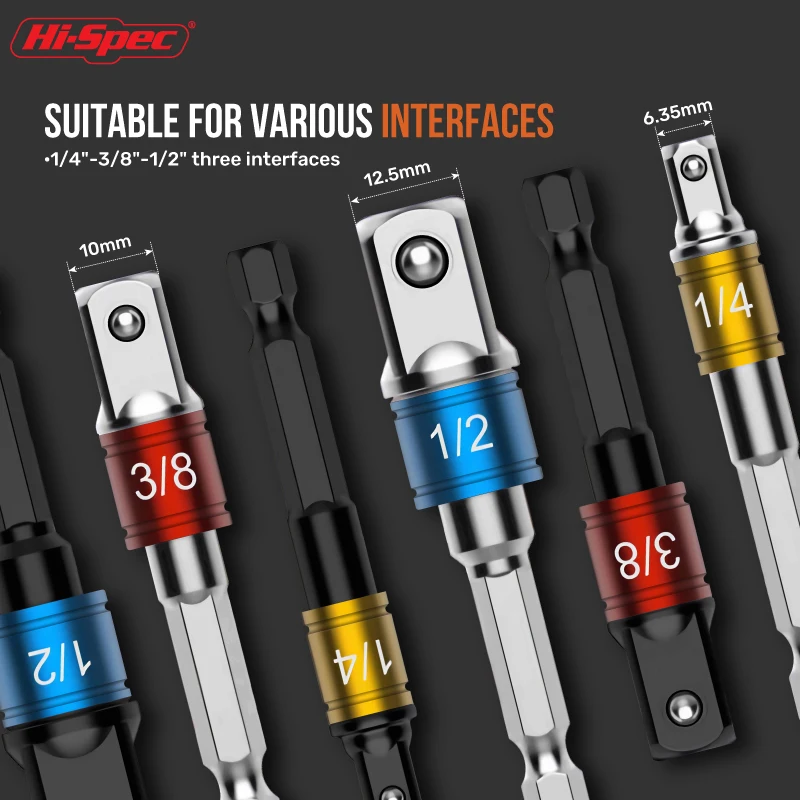 مجموعة محول مقبس التصادم Hi-Spec مع حامل لمفاتيح الربط السقاطة تتضمن خيارات 1/4 و3/8 و1/2 بوصة #6