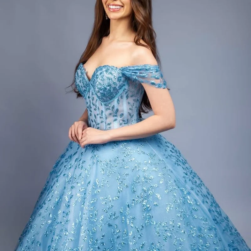 

Блестящее синее платье Quinceanera с открытыми плечами, кружевное платье с кристаллами и блестящей наклейкой, платья de 15, Quinceanera ﻿ Индивидуальный
