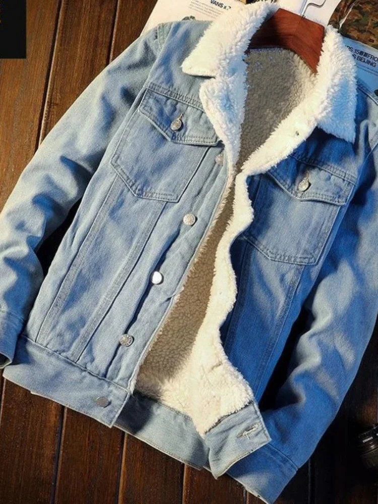 Denim Jackets Men Coats Lamb Wool Thick Coat Turn Down Collar Full Sleeve Single Breasted Open Stitch Casual Jacket Winter