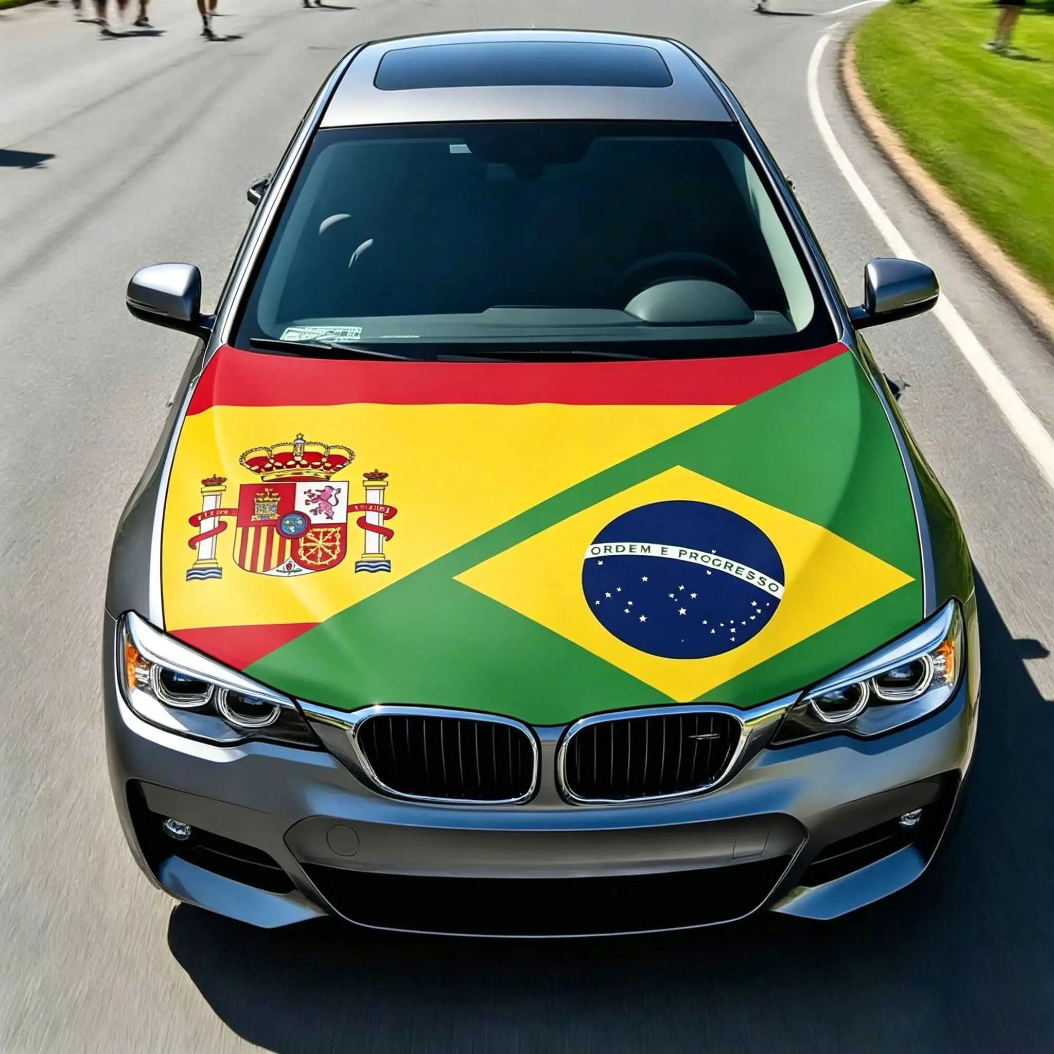 3.8x5.3fts Spain Brazil Together Friendship Flag Banner Car Hood Cover Flag Elastic Fabrics Engine Cover For Decoration