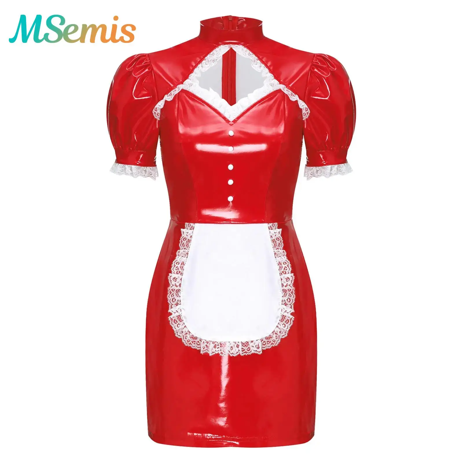 

Womens PU Leather Latex Maid Dress Waitress Cosplay Costume Hollow Out Lace Trim Apron Glossy PU Bodycon Dress Halloween Outfits