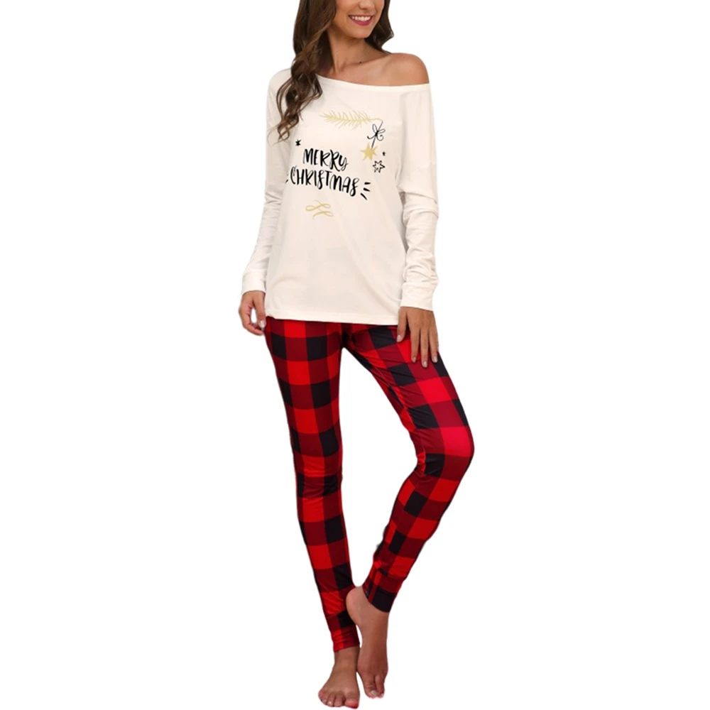 2PCS Set Christmas Women Pajama Sets Printed Long sleeve Loose T shirt Top And Plaid Pants Suit Women Casual Home Clothes