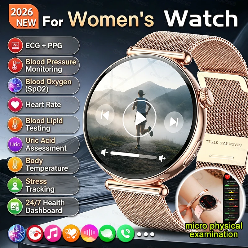 Montres connectées ECG pour femmes, écran AMOLED 1,32 pouces, examen physique, pression artérielle, graisse corporelle, appels, santé, ECG+PPG